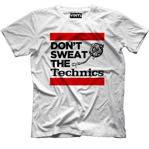 Don't Sweat The Technics T-Shirt (White) - Vinyl Clothing Co - DJ Apparel Clothing Disc Jockey Vinyl Gear