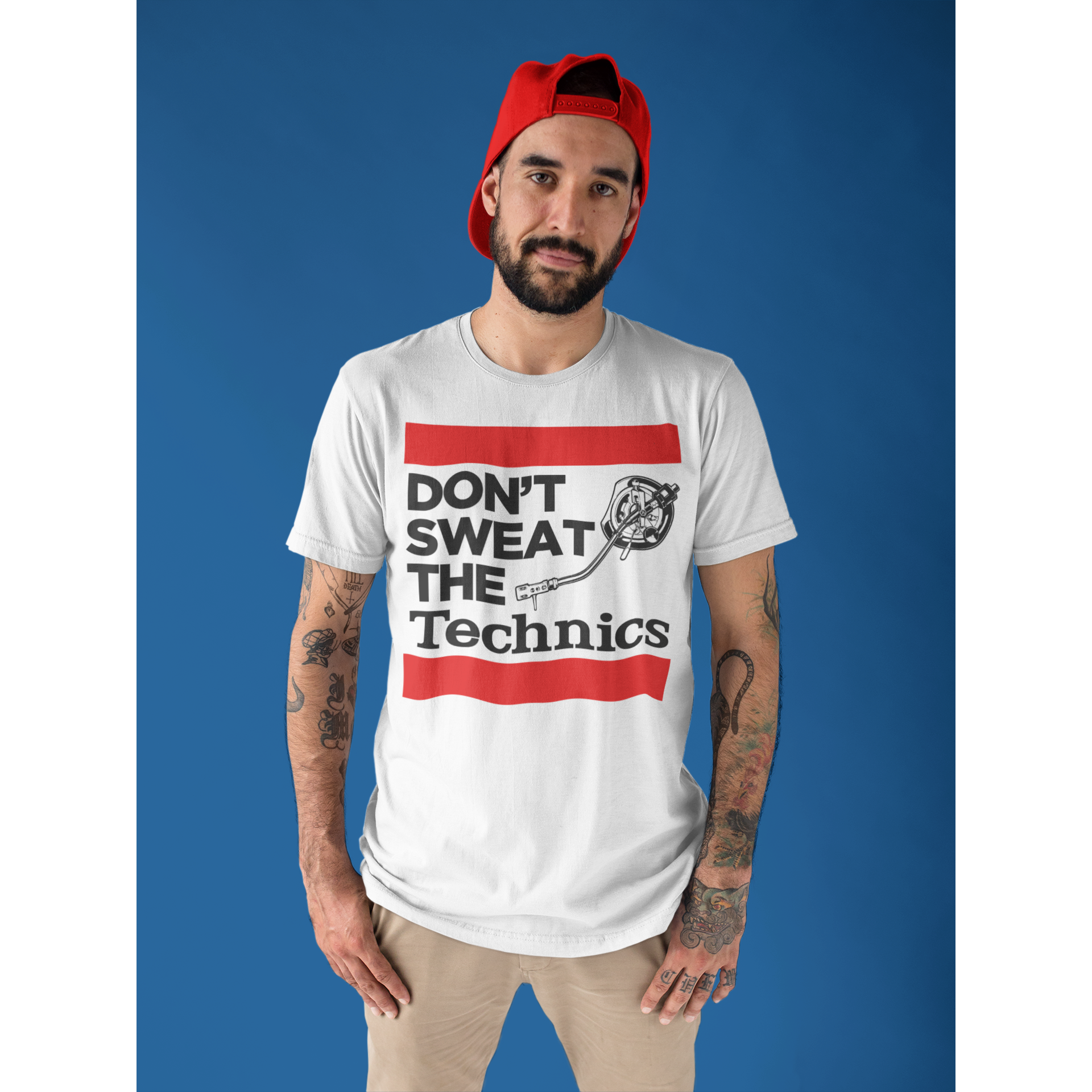 Don't Sweat The Technics T-Shirt (White) - Vinyl Clothing Co - DJ Apparel Clothing Disc Jockey Vinyl Gear